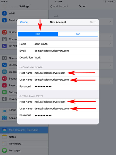 E-Mail settings for iPad